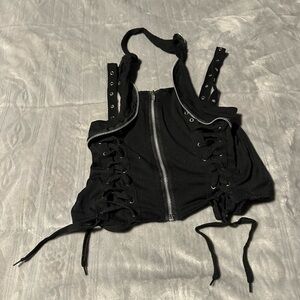 Black Zippered Lace-Up Women's Top